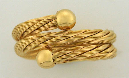 14K yellow gold cable ring with end balls