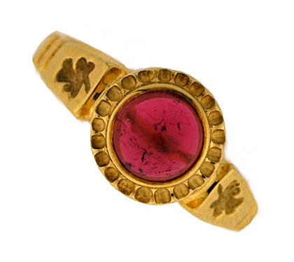 14ky pink tourmaline cab ring made by Fran Cook
